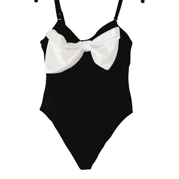 None Tops - Elegant Black Bodysuit with Statement White Bow – Size XL